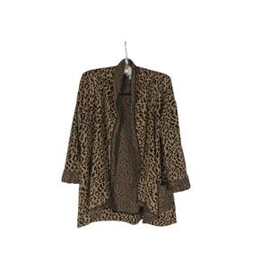 One World Cardigan S Women's Brown Leopard Animal Print Long Sleeve Pockets